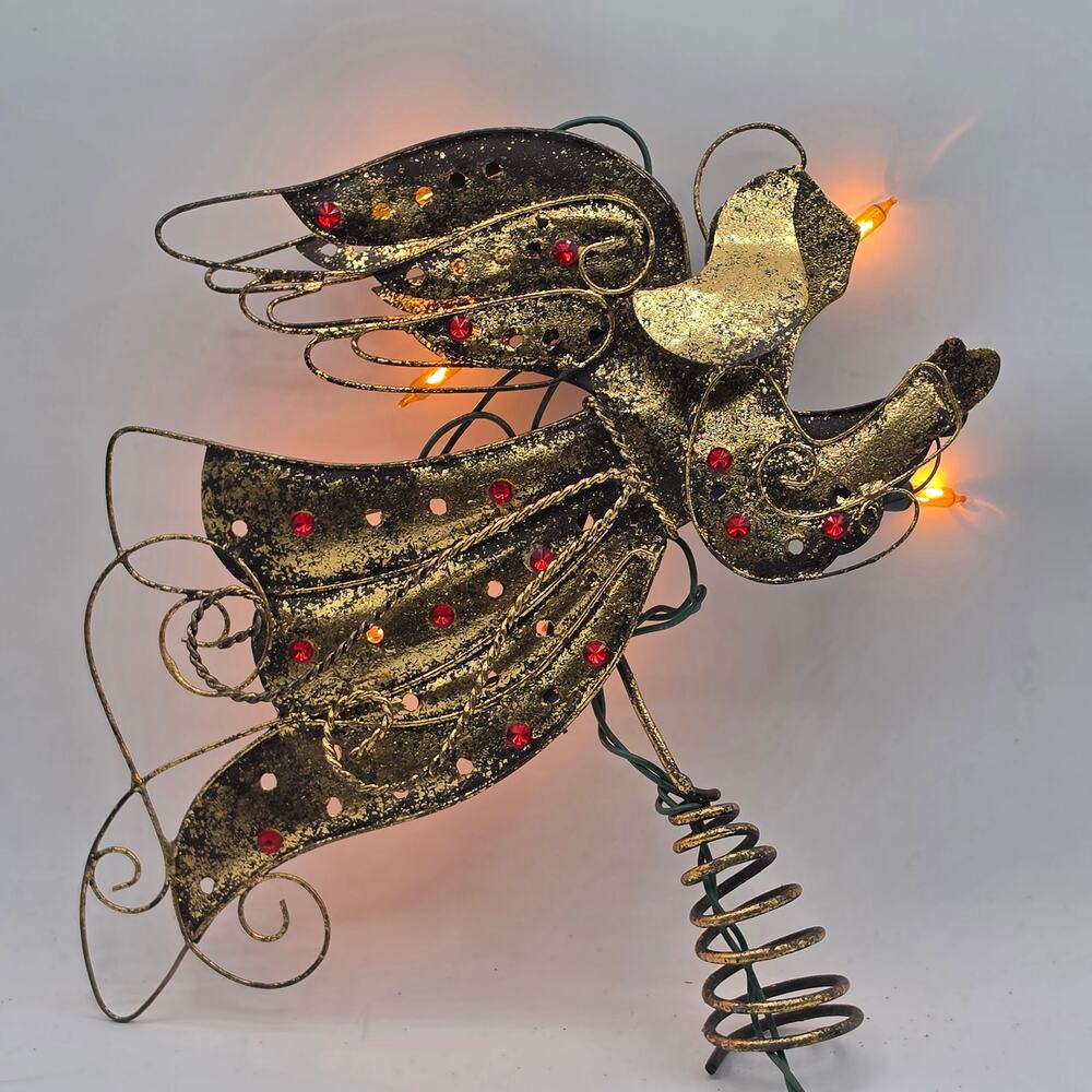 Lighted Metal Flying Angel Blowing Horn Christmas Tree Topper Gold 10" Vintage